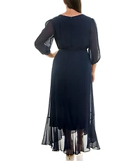 Moda Tara Plus Size V-Neck 3/4 Sleeve Ruffled Midi Dress