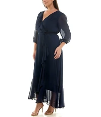 Moda Tara Plus Size V-Neck 3/4 Sleeve Ruffled Midi Dress
