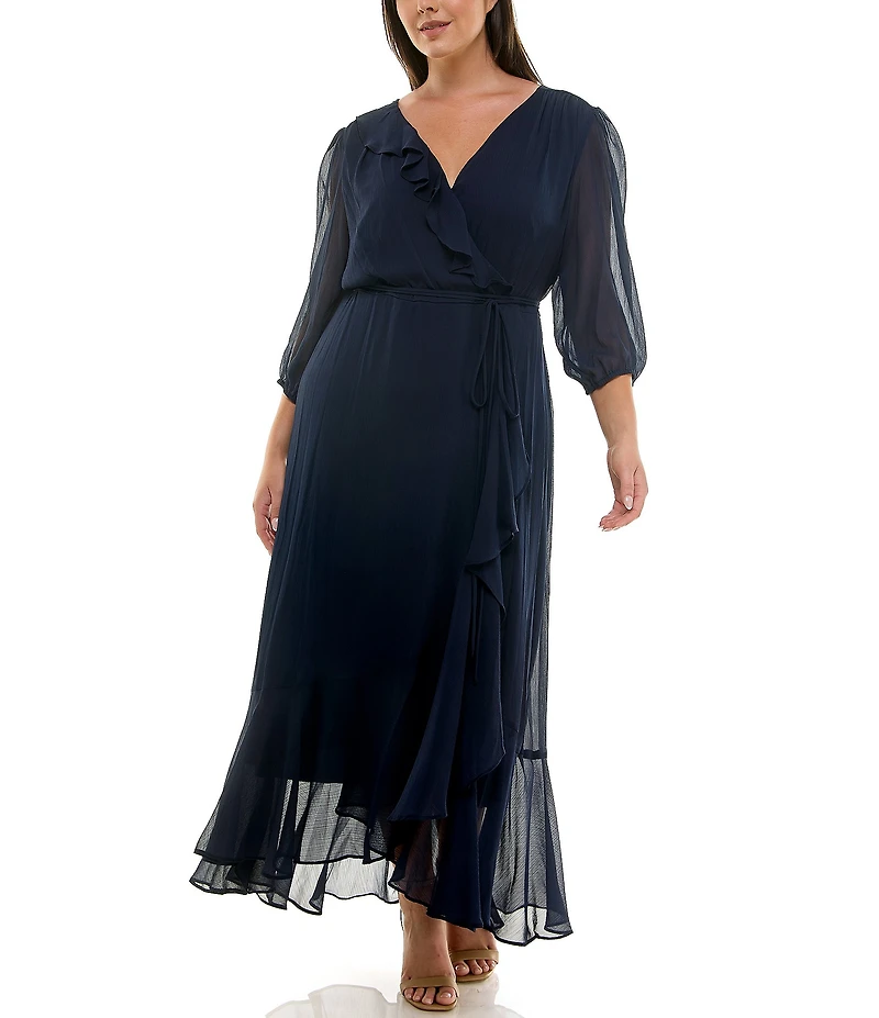 Moda Tara Plus Size V-Neck 3/4 Sleeve Ruffled Midi Dress