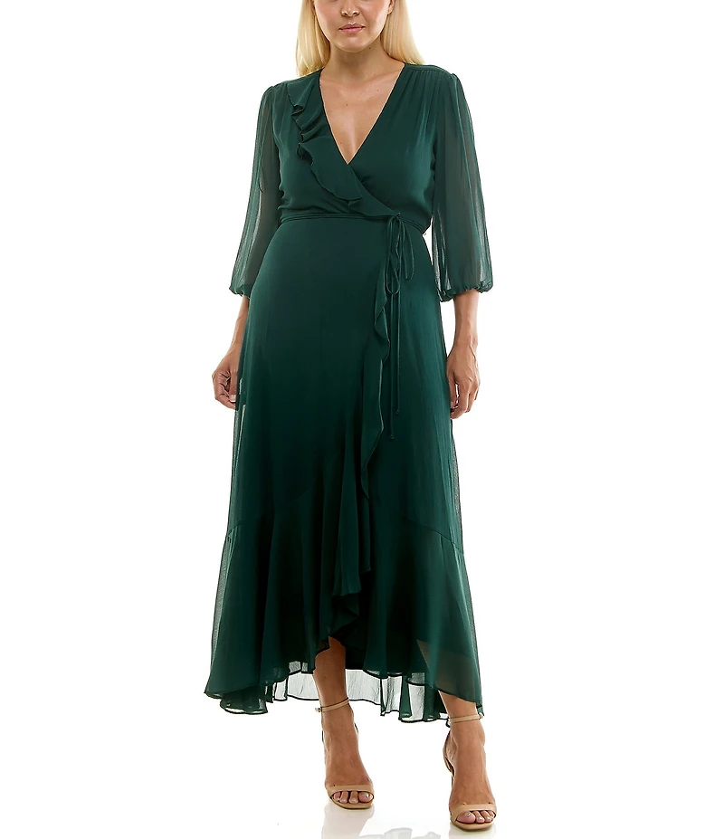 Moda Tara Plus Size V-Neck 3/4 Sleeve Ruffled Midi Dress