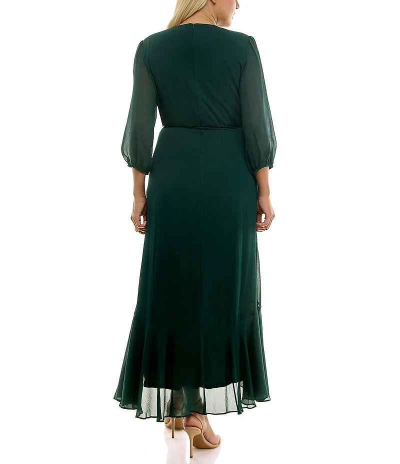 Moda Tara Plus Size V-Neck 3/4 Sleeve Ruffled Midi Dress