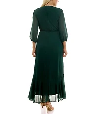 Moda Tara Plus Size V-Neck 3/4 Sleeve Ruffled Midi Dress