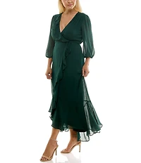 Moda Tara Plus Size V-Neck 3/4 Sleeve Ruffled Midi Dress