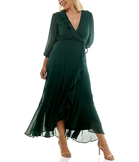 Moda Tara Plus Size V-Neck 3/4 Sleeve Ruffled Midi Dress