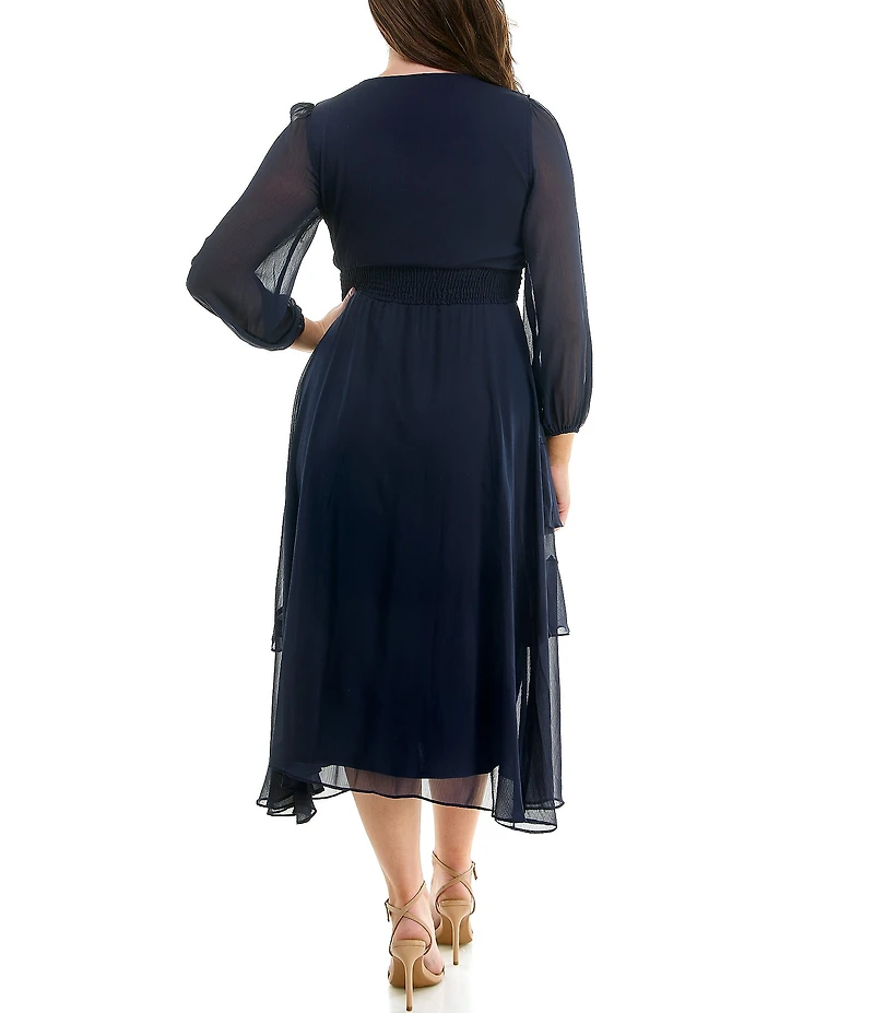 Moda Tara Plus Size V-Neck Long Sleeve Ruffled Chiffon Maxi Dress