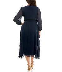 Moda Tara Plus Size V-Neck Long Sleeve Ruffled Chiffon Maxi Dress
