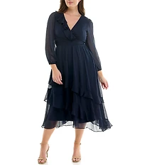 Moda Tara Plus Size V-Neck Long Sleeve Ruffled Chiffon Maxi Dress