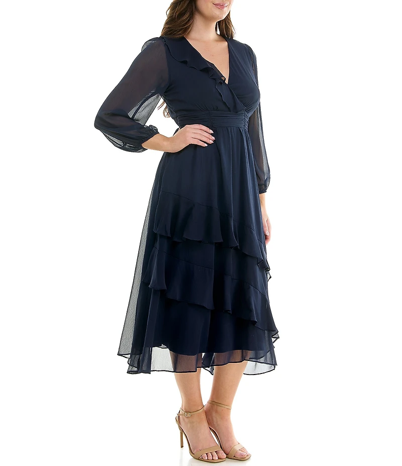Moda Tara Plus Size V-Neck Long Sleeve Ruffled Chiffon Maxi Dress