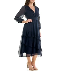 Moda Tara Plus Size V-Neck Long Sleeve Ruffled Chiffon Maxi Dress