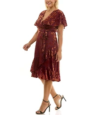 Moda Tara Plus Size Velvet Burnout Short Capelet Sleeve Faux Wrap Midi Dress