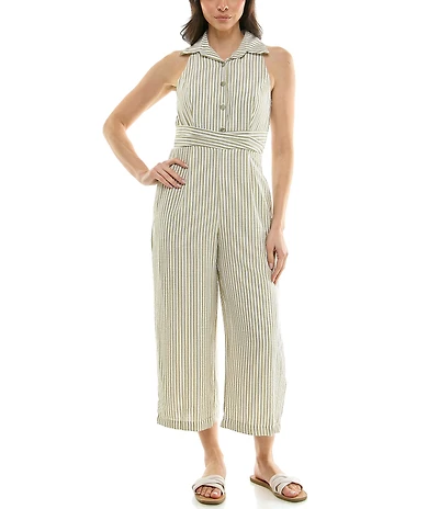 Moda Tara Point Collar Striped Jumpsuit