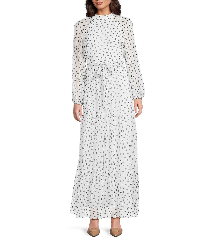 Moda Tara Polka Dot Yoryu Chiffon Mock Neck Long Sleeve Belted Tiered Maxi Dress