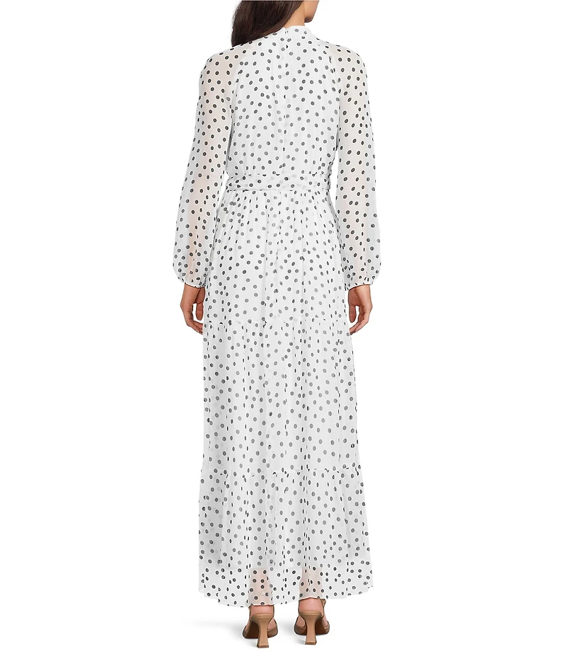 Moda Tara Polka Dot Yoryu Chiffon Mock Neck Long Sleeve Belted Tiered Maxi Dress