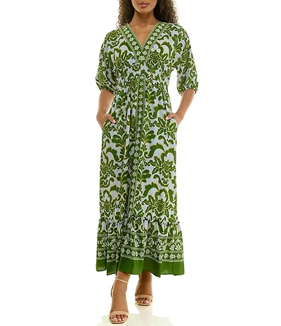 Moda Tara Printed Crepe Elbow Sleeve Maxi Dress