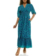 Moda Tara Printed Dolman Sleeve V-Neck Sheath Maxi Dress