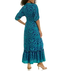 Moda Tara Printed Dolman Sleeve V-Neck Sheath Maxi Dress