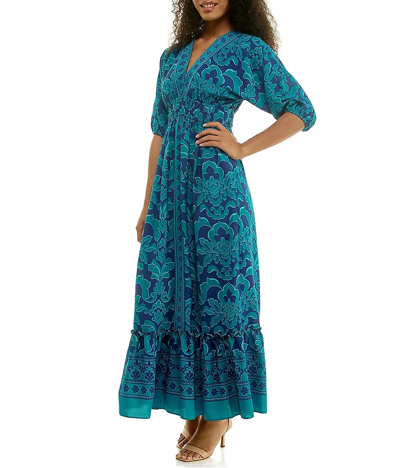 Moda Tara Printed Dolman Sleeve V-Neck Sheath Maxi Dress