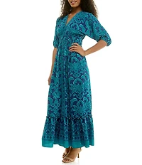Moda Tara Printed Dolman Sleeve V-Neck Sheath Maxi Dress