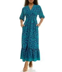Moda Tara Printed Dolman Sleeve V-Neck Sheath Maxi Dress