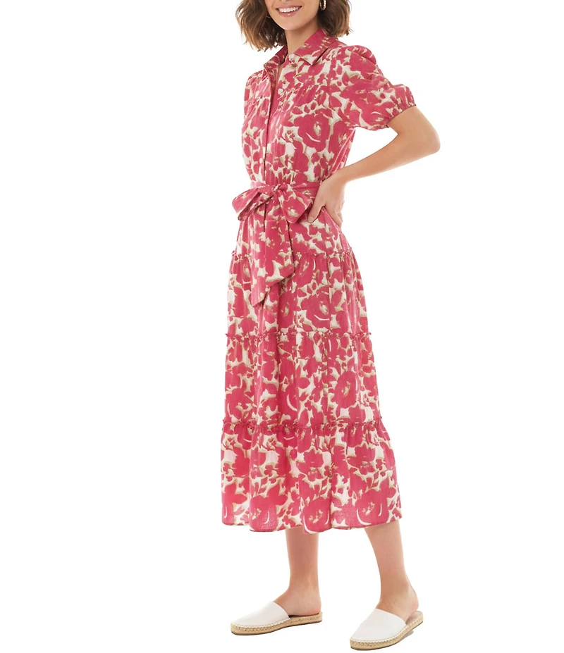 Moda Tara Printed Short Sleeve Belted Midi Shirtdress