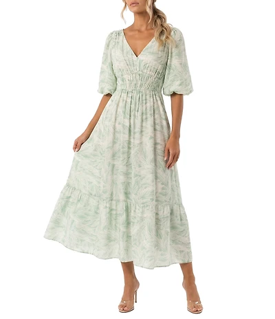 Moda Tara Puff Sleeve Leaf Print Flounce Hem Midi Dress