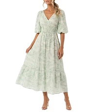 Moda Tara Puff Sleeve Leaf Print Flounce Hem Midi Dress