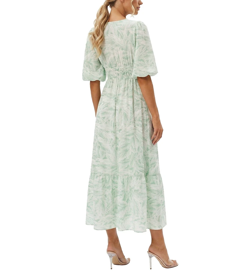 Moda Tara Puff Sleeve Leaf Print Flounce Hem Midi Dress