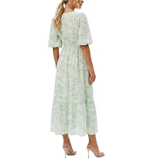 Moda Tara Puff Sleeve Leaf Print Flounce Hem Midi Dress