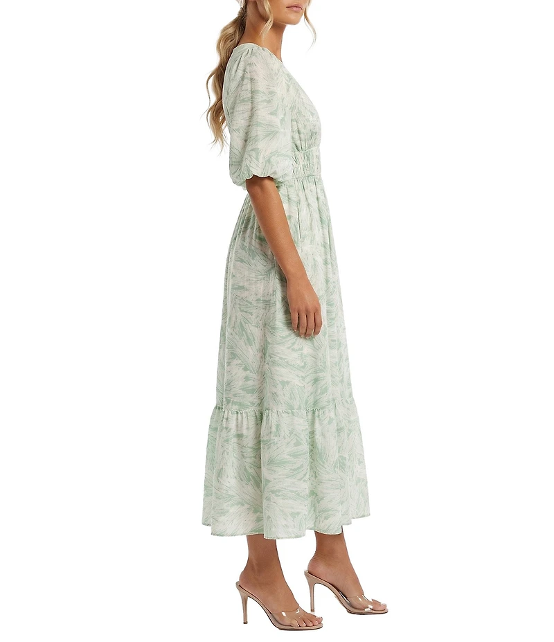 Moda Tara Puff Sleeve Leaf Print Flounce Hem Midi Dress