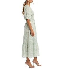 Moda Tara Puff Sleeve Leaf Print Flounce Hem Midi Dress