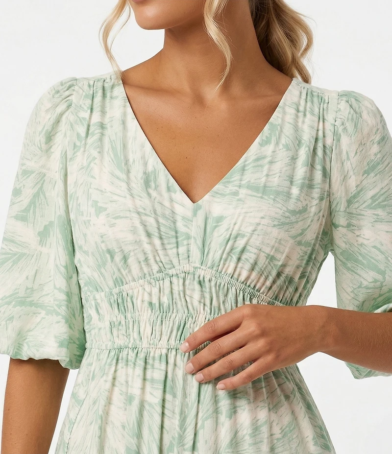 Moda Tara Puff Sleeve Leaf Print Flounce Hem Midi Dress