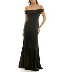 Moda Tara Rosette Crepe Satin Off-The-Shoulder Short Sleeve Gown