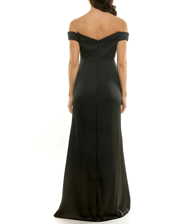 Moda Tara Rosette Crepe Satin Off-The-Shoulder Short Sleeve Gown