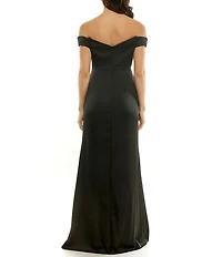 Moda Tara Rosette Crepe Satin Off-The-Shoulder Short Sleeve Gown