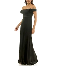 Moda Tara Rosette Crepe Satin Off-The-Shoulder Short Sleeve Gown