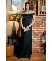 Moda Tara Rosette Crepe Satin Off-The-Shoulder Short Sleeve Gown