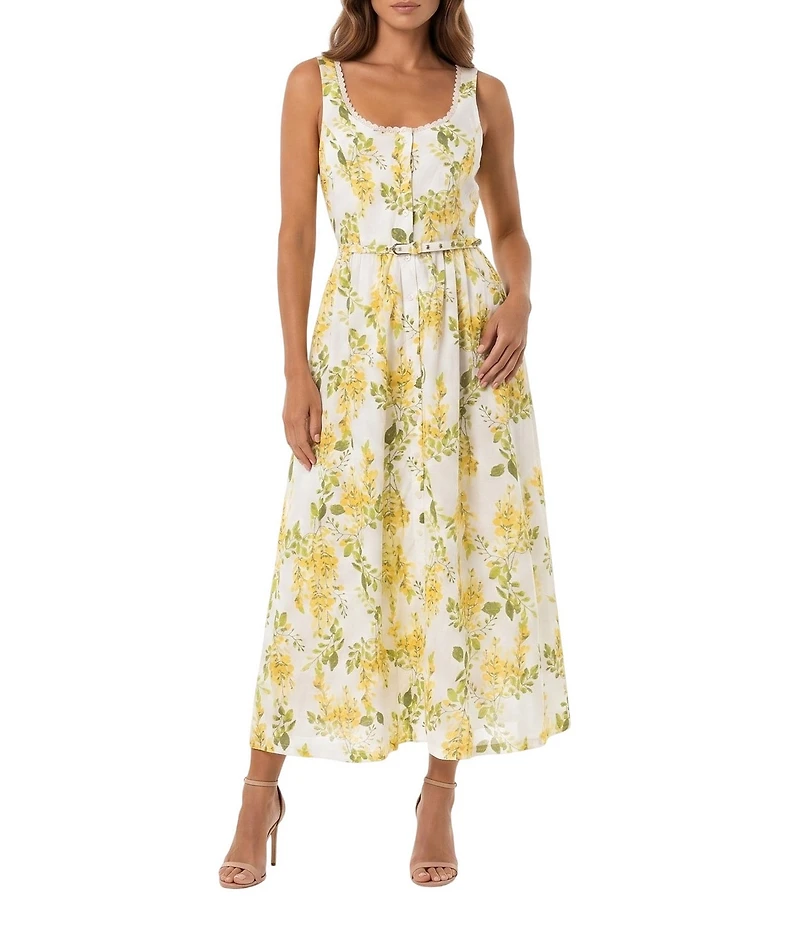 Moda Tara Scoop Neck Sleeveless Floral Print Belted Midi Dress