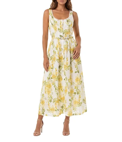 Moda Tara Scoop Neck Sleeveless Floral Print Belted Midi Dress