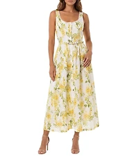 Moda Tara Scoop Neck Sleeveless Floral Print Belted Midi Dress