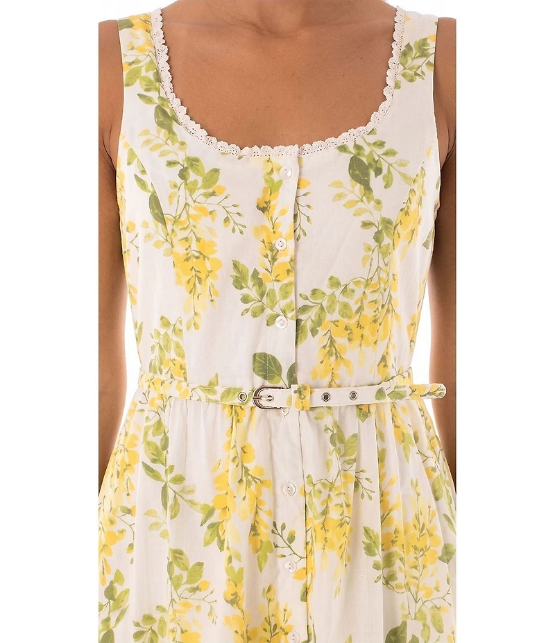 Moda Tara Scoop Neck Sleeveless Floral Print Belted Midi Dress