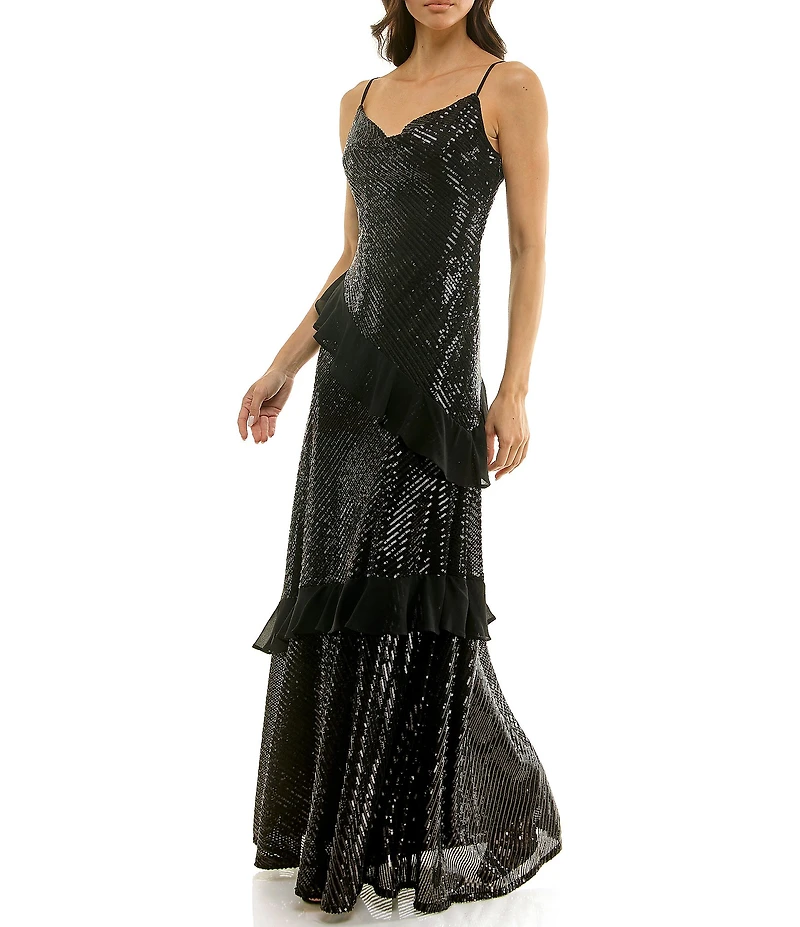 Moda Tara Sequin Cowl Neck Sleeveless Ruffle Gown