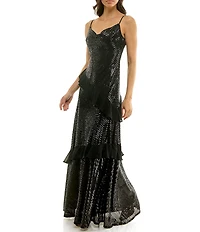 Moda Tara Sequin Cowl Neck Sleeveless Ruffle Gown