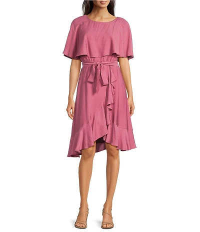 Moda Tara Short Capelet Sleeve Boat Neck Ruffle Wrap Midi Dress