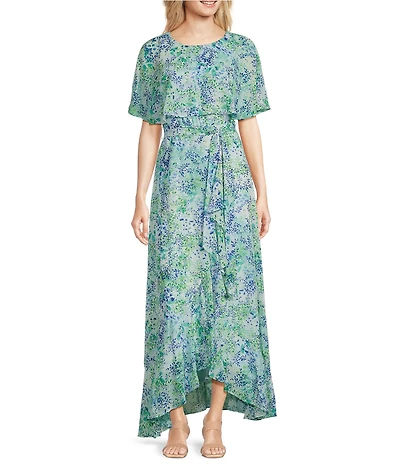 Moda Tara Short Capelet Sleeve Crew Neck Floral Chiffon Maxi Dress