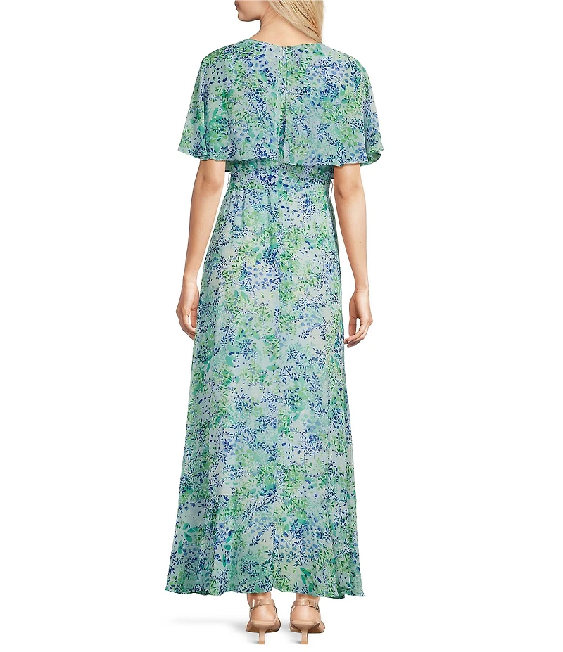 Moda Tara Short Capelet Sleeve Crew Neck Floral Chiffon Maxi Dress