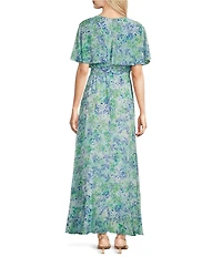 Moda Tara Short Capelet Sleeve Crew Neck Floral Chiffon Maxi Dress