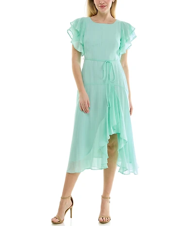 Moda Tara Short Flutter Sleeve Ruffle Chiffon Dress