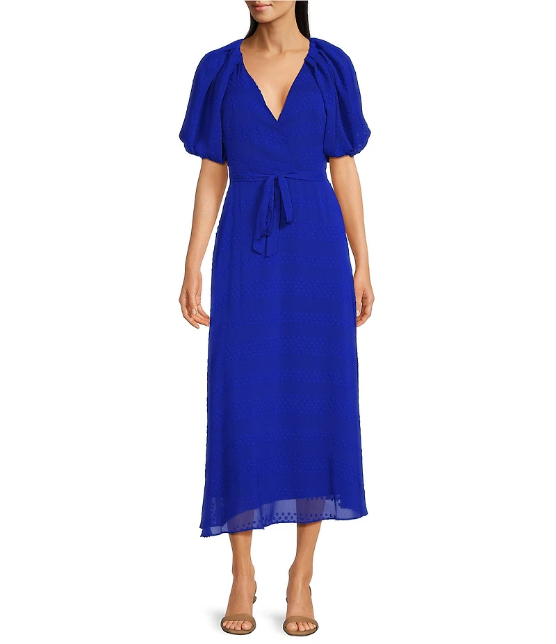 Moda Tara Short Puffed Sleeve V-Neck Chiffon A-Line Midi Dress