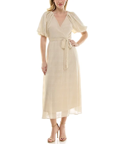 Moda Tara Short Puffed Sleeve V-Neck Chiffon A-Line Midi Dress