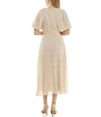 Moda Tara Short Puffed Sleeve V-Neck Chiffon A-Line Midi Dress